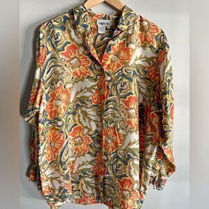 Vintage Capezio 100% Silk Floral Button Down Blouse Boho Art Print L
